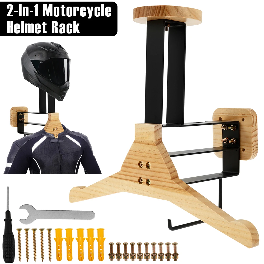 Motorcycle Gear Holder - オートバイヘルメットラック 木製ベストヘルメット壁掛けスタンド フック付き 2-in-1 多用途オートバイヘルメットベストホルダー 収納用
