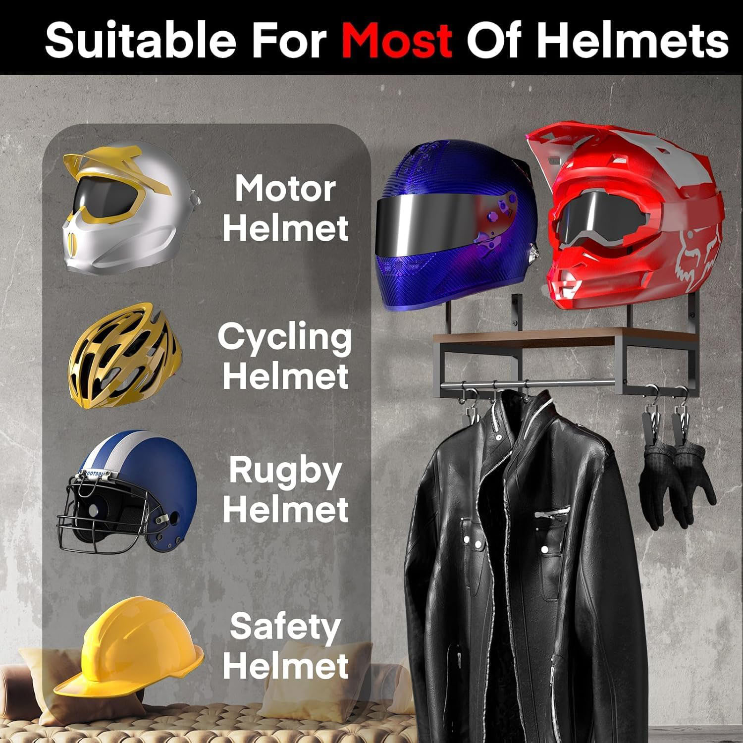 木製バイクヘルメット壁掛けホルダー（フック付き）多目的棚ジャ - Motorcycle Gear Holder のレビューと価格